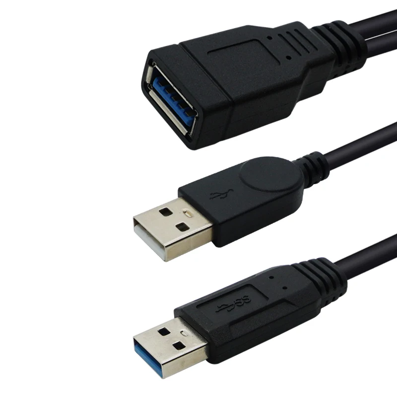 Cable adaptador de ordenador de 30cm Y 25cm, Cable USB 3,0 2,0 hembra a USB Dual macho, datos de potencia Extra Y un punto, dos cables de extensión