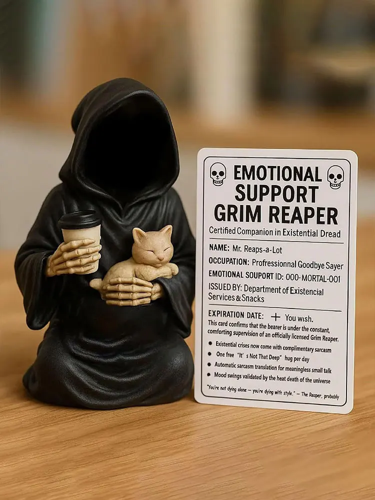 Emotional Support Grim Reaper Figurine Resin Grim Reaper Statue with Support Card Desktop Ornament for Halloween Decor