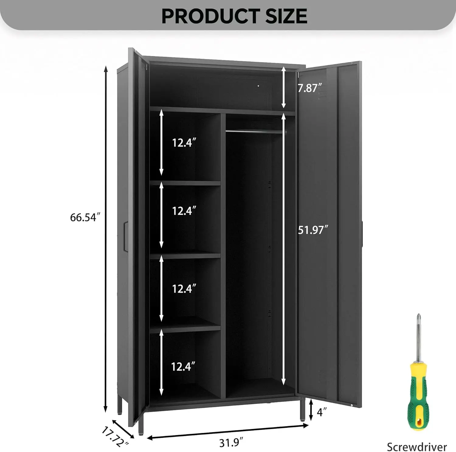 خزانة ملابس معدنية، خزانة تخزين فولاذية مقاومة للصدأ مع 4 أرفف وقضيب تعليق، أسود