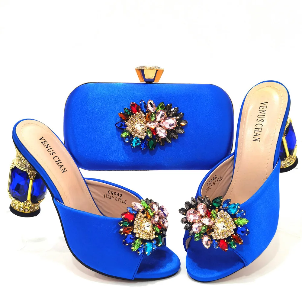 Sweet Spot Goods Italian Design Simple and Elegant Colorful Rhinestones Blue Color Women's Shoes and Party Wedding Bags