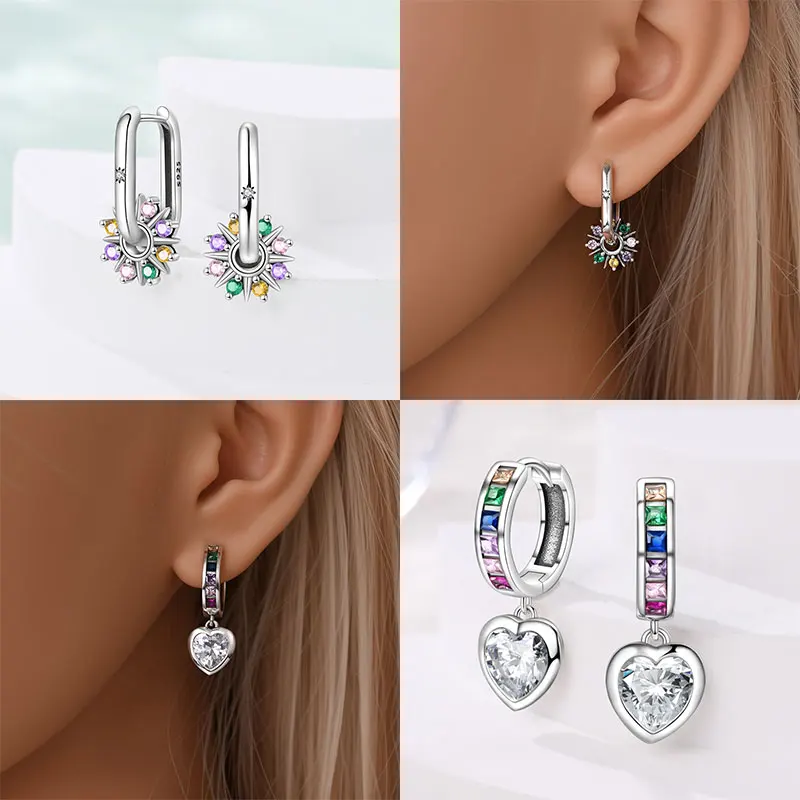 2025 S925 Silver Colorful Sparking Zircon Heart Shape Dopamine Hoop Earrings Flowers Earrings Jewelry for Women Girl Fine Gifts