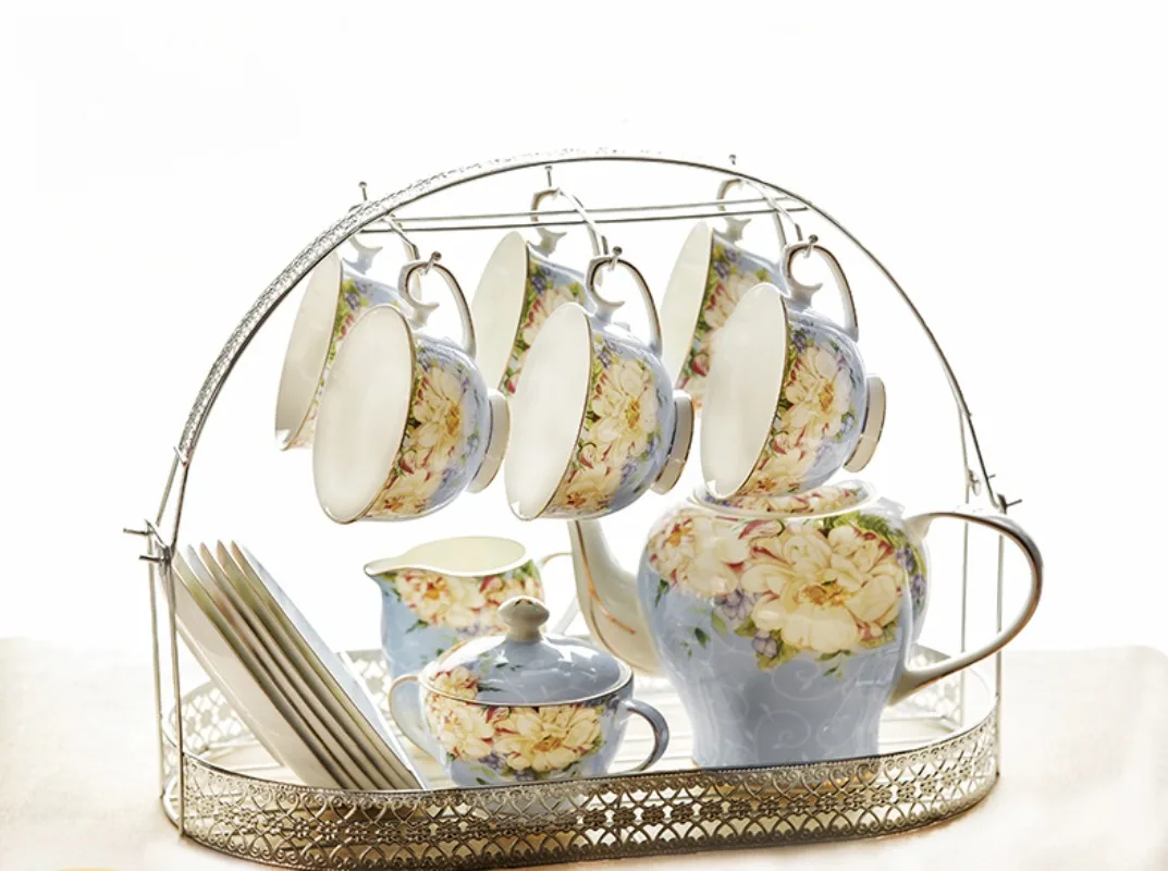 Bone China Coffee Cup Set European Afternoon Tea Set 15-head Coffee Set English Tea Set Ceramic Flower Tea Belt Rack