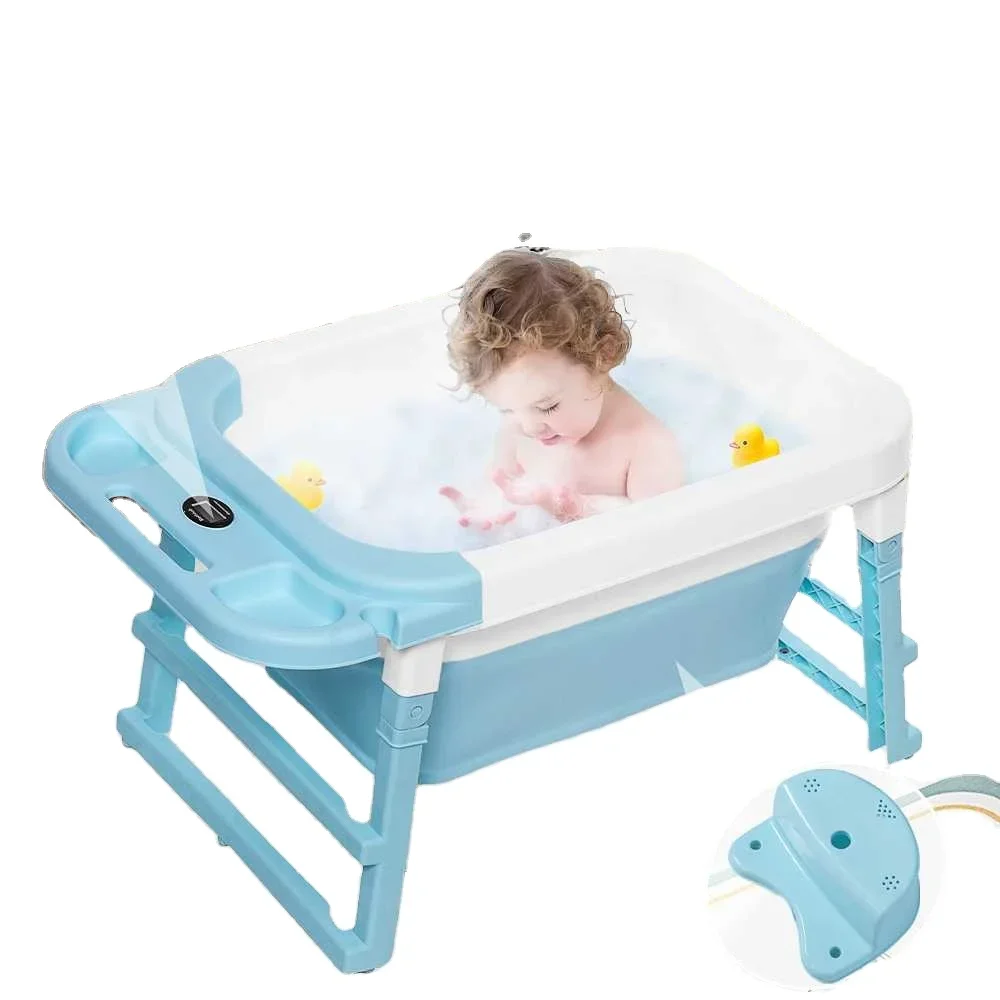 Baby Folding Bath Tub Newborn Baby Swim Tubs Bath Child Body Washing Portable Foldable Non-Slip Kid Bathtub w/ Thermometer