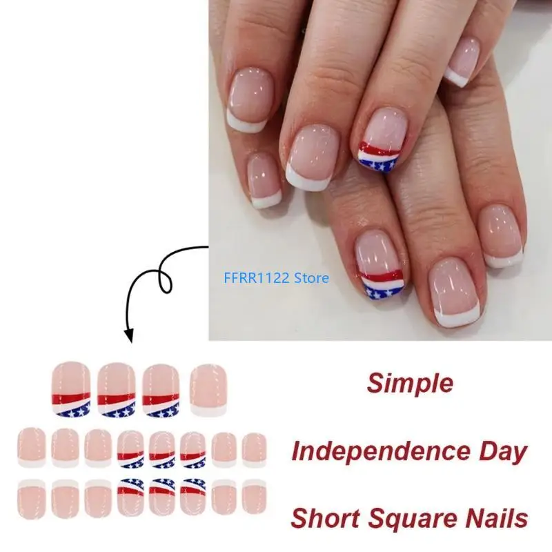 

Y1UF Square Fake Independence Day French Tip Press on Artificial