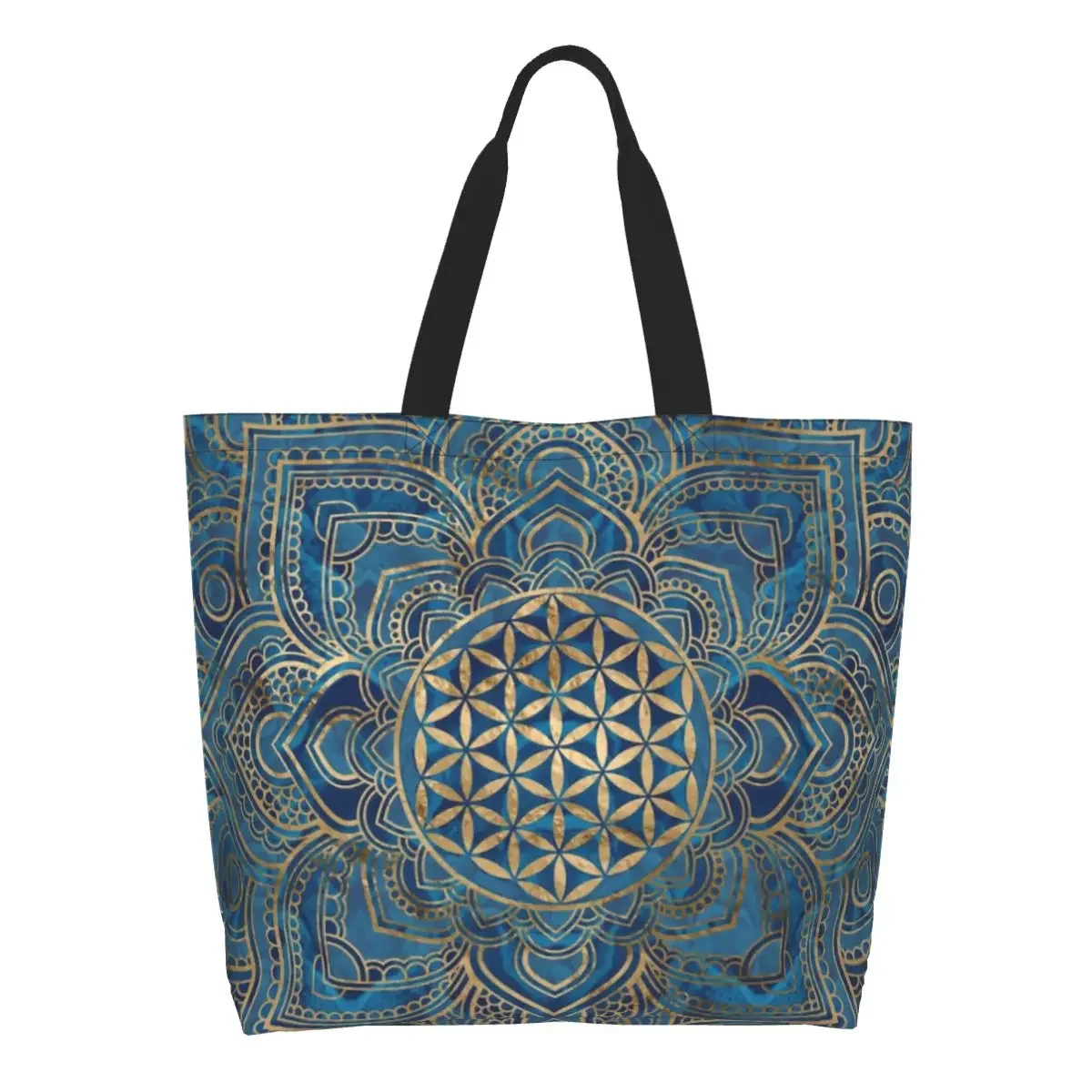 Funny Flower Of Life In Lotus Mandala Shopping Tote Bag Reusable Buddhism Groceries Canvas Shoulder Shopper Bag