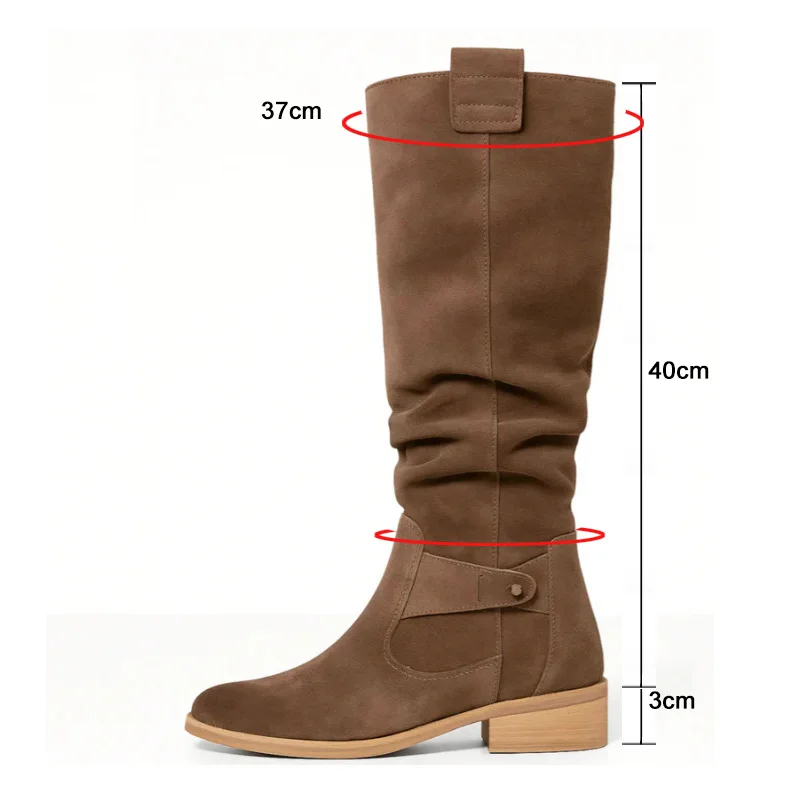 حجم كبير 45 الجلد المدبوغ كعب منخفض أحذية عالية النساء الخريف الشتاء الرجعية Nubuck الجلود منتصف العجل أحذية امرأة قطيع الركبة عالية طويلة Bootie