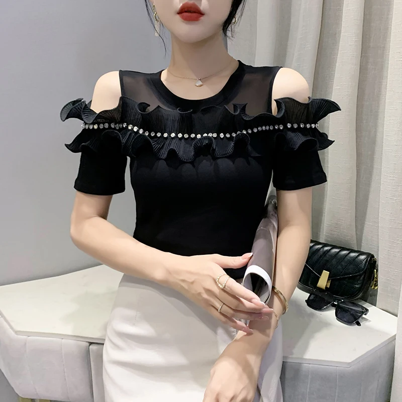 

Black Summer Korean Style T-Shirt Sexy Off Shoulder Women Tops Short Sleeve Patchwork Ruffles Rivet Hand Made Tees 2024 New 4328