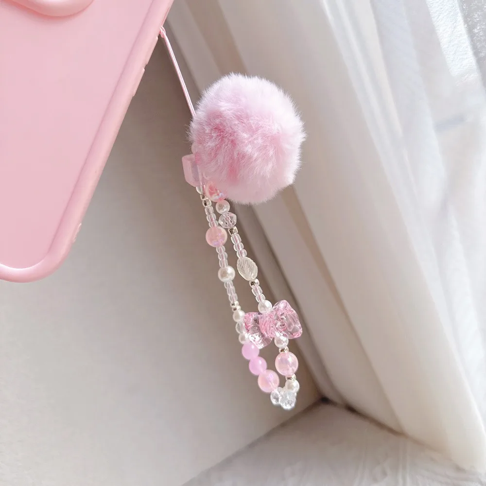 Hair Ball Beaded Phone Straps Bead Chain Sweet Girl Mobile Phone Chain Wrist Strap Charms Cellphone Pendant Bag Pendant