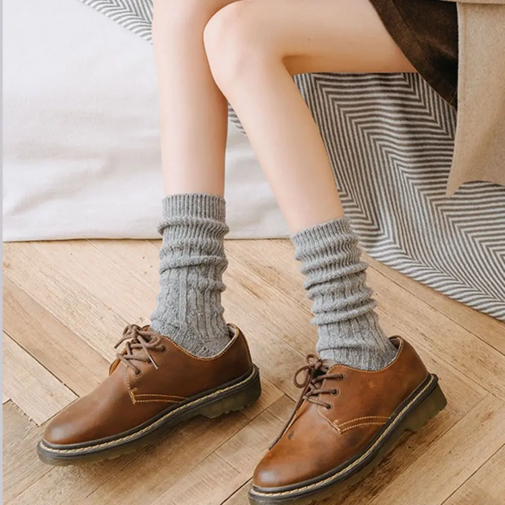 Warm Soft Solid Color Simple Trendy Fashion Women Socks Korean Style Stripe Wool Socks Middle Tube Cotton Hosiery