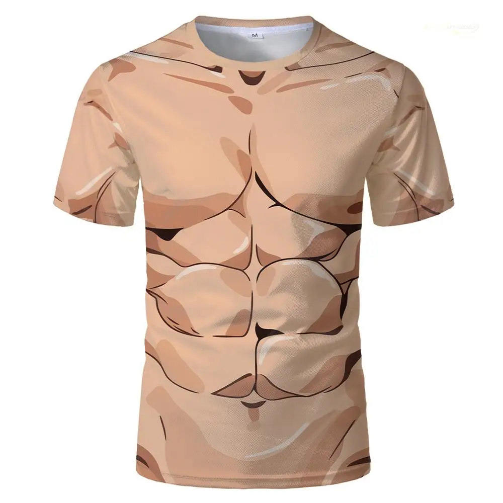 New 3D Fake Abdominal Muscles Funny T-shirt Daily Outdoor Street Fun Short-sleeved Men's Halloween Role-playing Round Neck Top