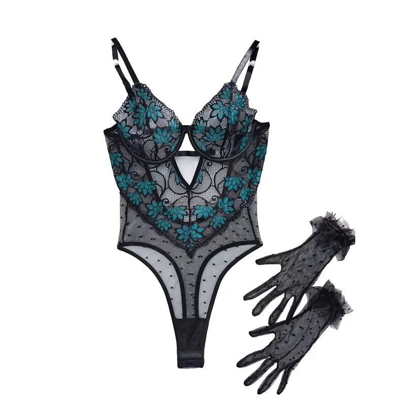 MUZISKAT 2025 Hot Selling Fashion Womens Sexy Lace Mesh Gloves Transparent Underwear Tight Maid Jumpsuit