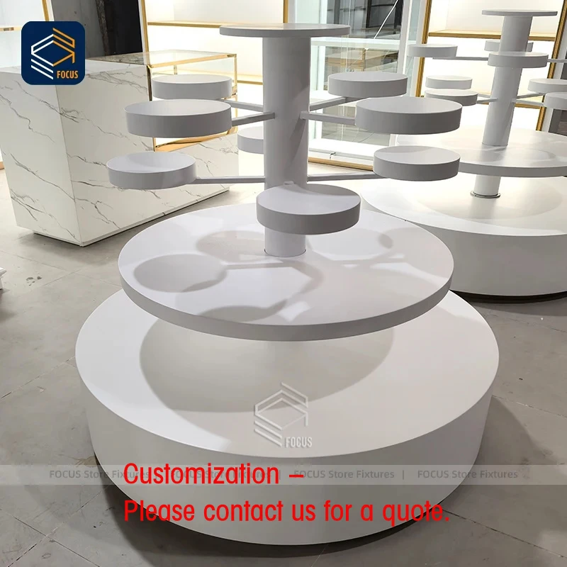 custom.Custom White Lacquered Wooden Multi Tier Round Display Stand Rotating Central Column Retail Display Fixture