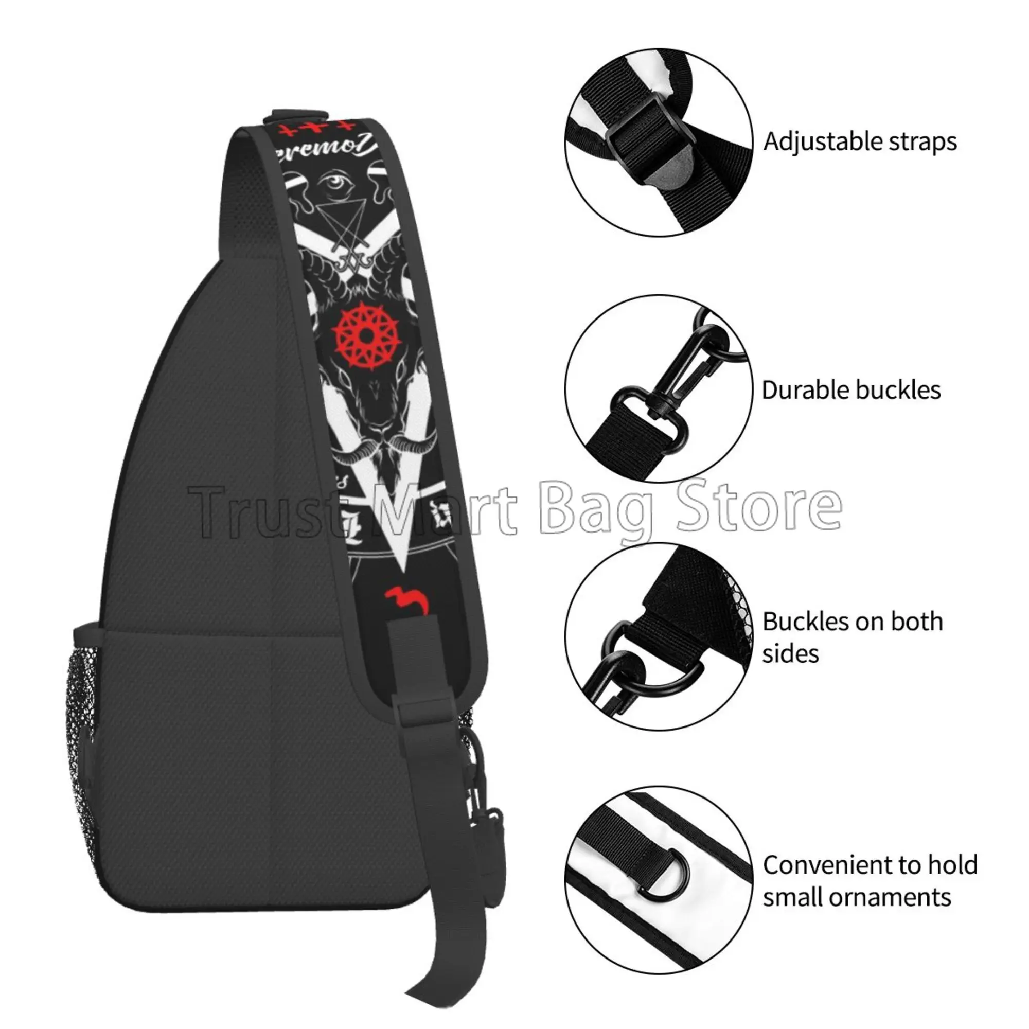 Black Satan Skull Dead Goat Head Graphic Sling Bag Casual Chest Shoulder Bag Unisex Crossbody Backpack for Travel Sports Hiking