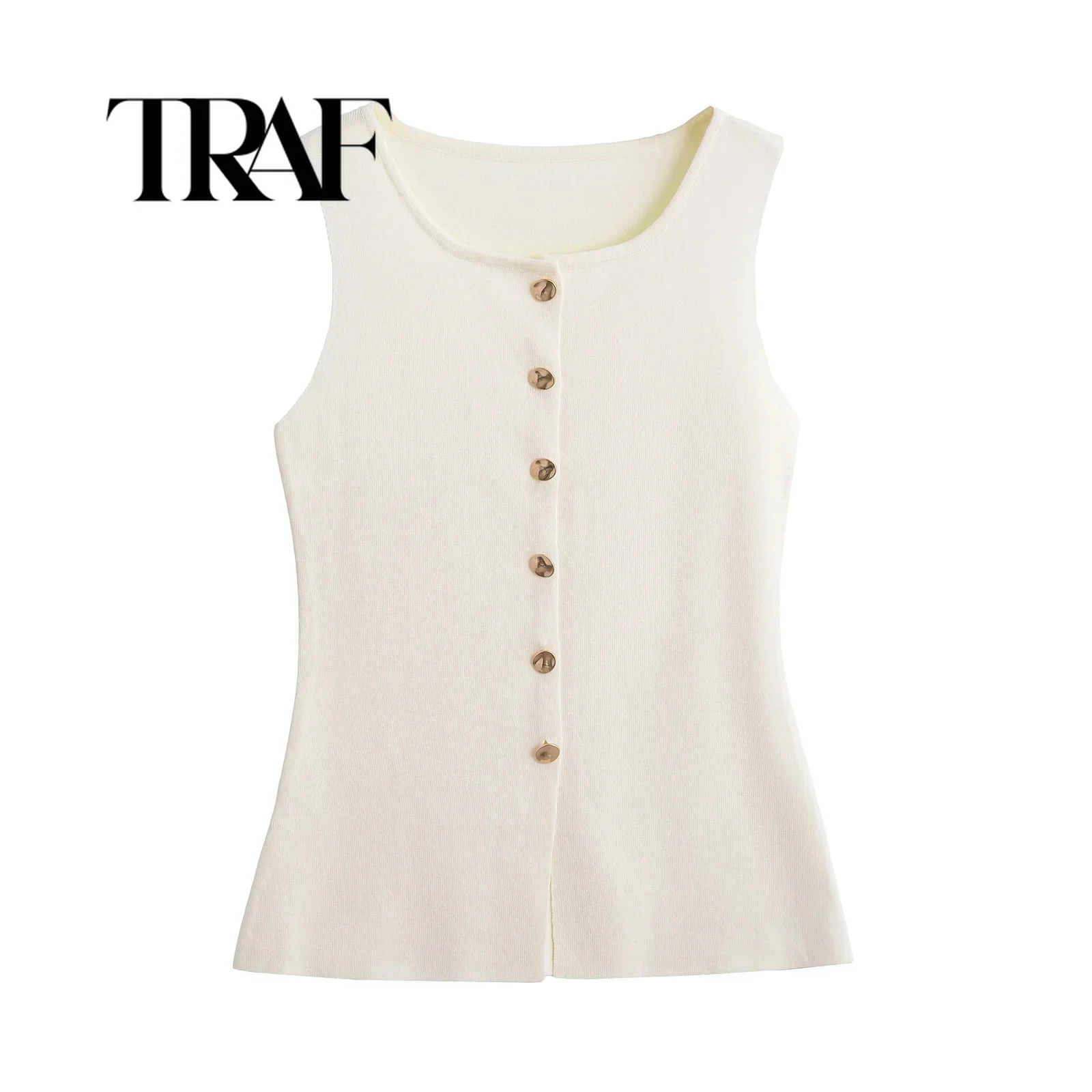 TRAF Women Summer Knitted Vest Golden Button Vests for Women 2024 Summer Sleeveless Coat Elegant Chic Waistcoat Tops 4192/100