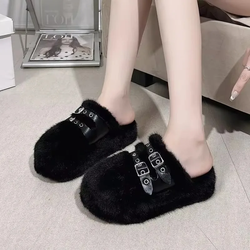 2024 Hot Sale Ladies Shoes Closed Toe Women's Slippers Winter Daily Slippers Women Belt Buckle Platform Warm Shoes Women Zapatos