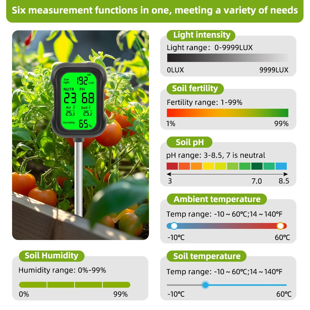 Yieryi LCD digitale 6-in-1 Tester del terreno PH Umidità Fertilità Luce solare Misuratore della temperatura dell'aria Monitor del suolo per piante da giardino agricole all'aperto
