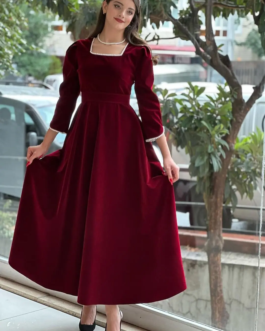 

Elegant Evening Dresses Velet Prom Dress 3/4 Long Sleeves Beaded Ruffle Customize Formal Occasion Evening Party Gowns