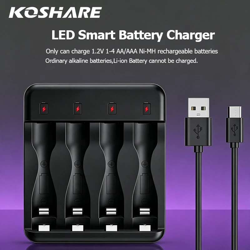 KOSHARE 4-Slot LED Display Smart Battery Charger For 1.2V AA&AAA Ni-MH-Ni/cd Rechargeable Batteries Independent Fast Charging