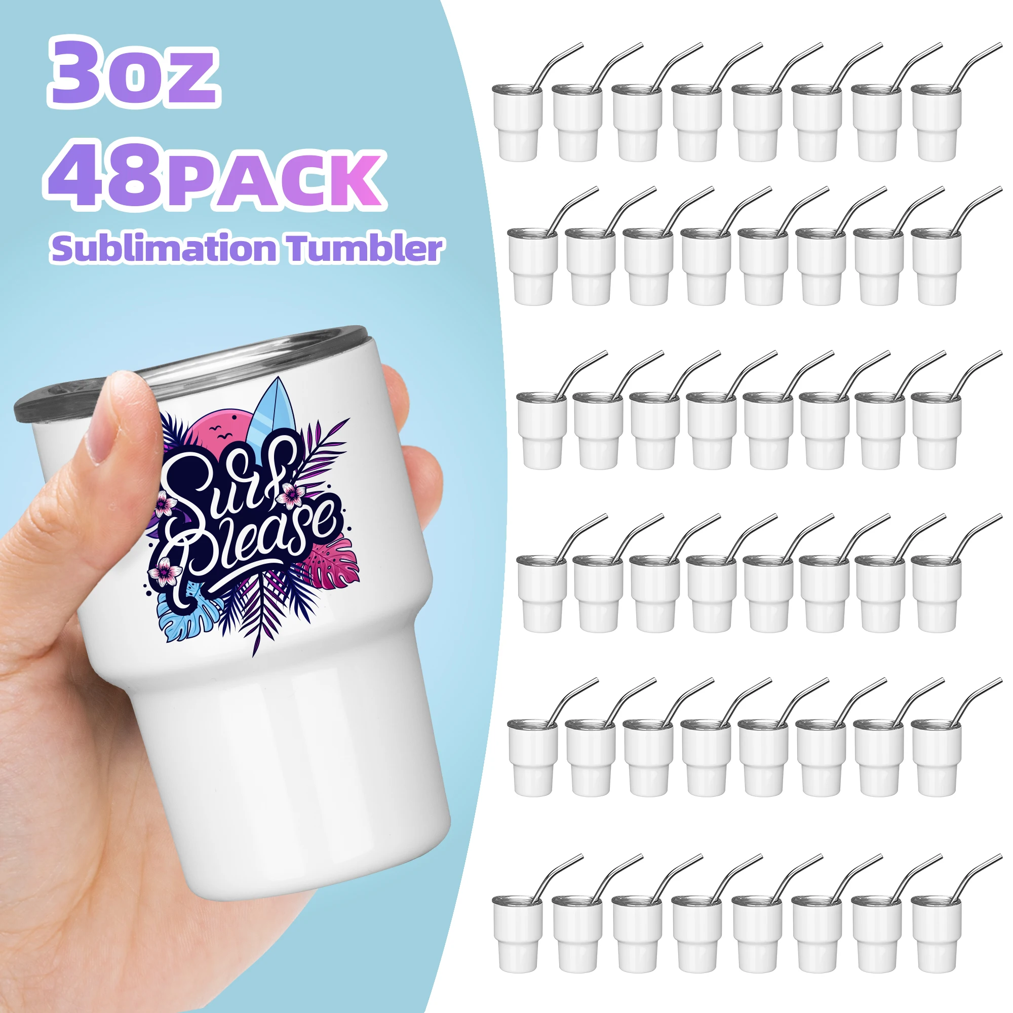 

48 Pack 3-OZ Sublimation Blank Double Vacuum Mini Drum with Metal Straw and Lid Insulated Water Bottle - Mini Glass