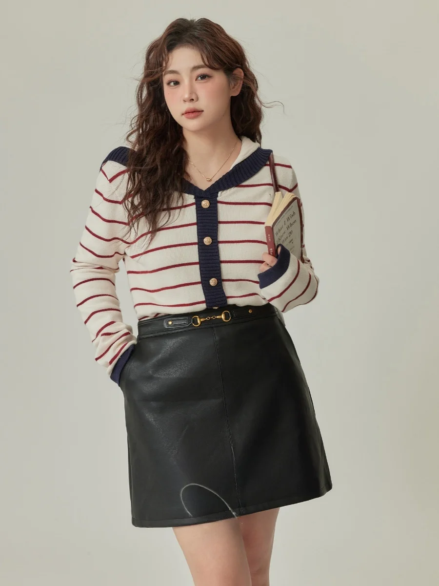 

Женский вязаный свитер Monika большого размера с полосатым темно-синим воротником, длинными рукавами, свободного кроя, осенне-зимний, утепленный, топ