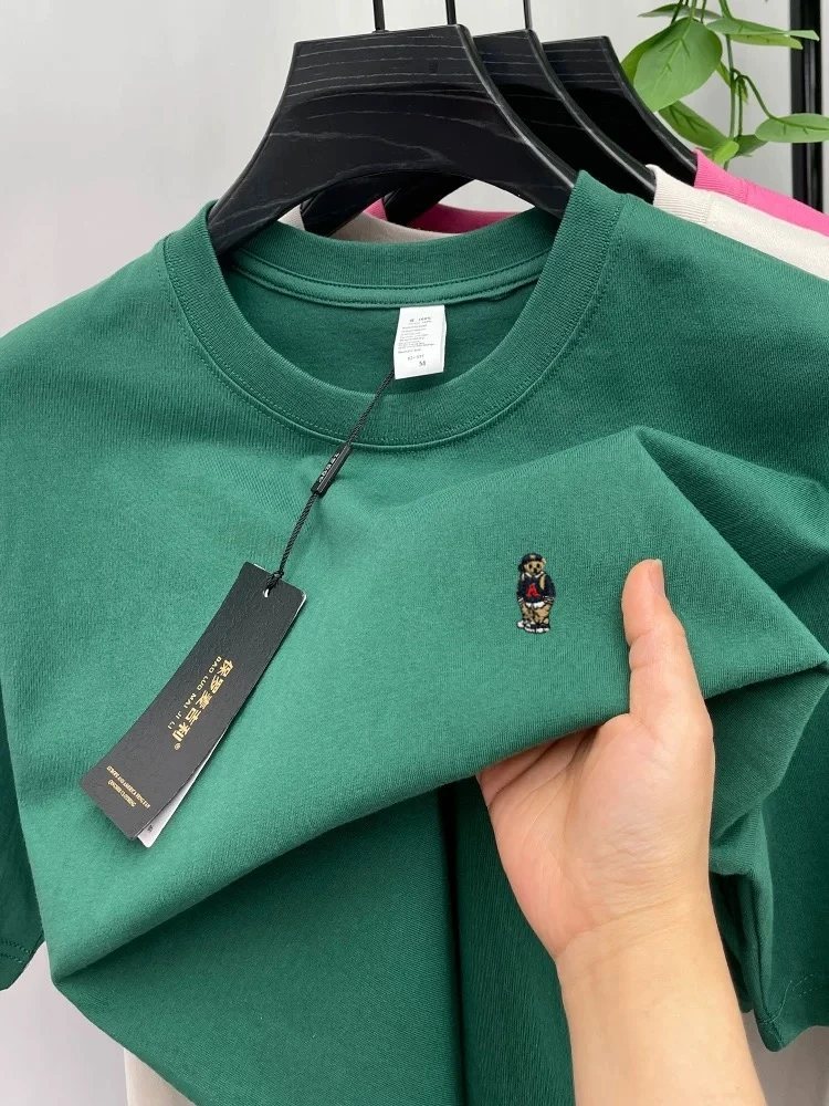 Image of High-End-T-Shirt für Herren aus 100 % Baumwolle mit kurzen Ärmeln Luxusmarke Cartoon-Bär-Stickerei koreanischer Stil Jugend lässig Rundhalsausschnitt neues Oberteil