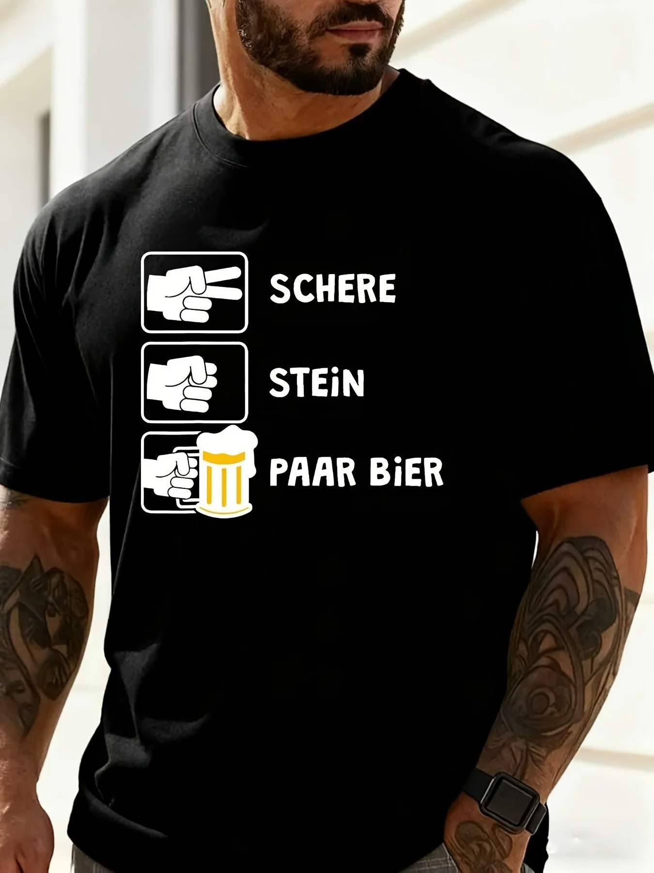 Men's German Fun Beer Pattern T-shirt Schere Stein Paar Bier Humorous Gesture Printed Short Sleeve Casual Women's T-shirt
