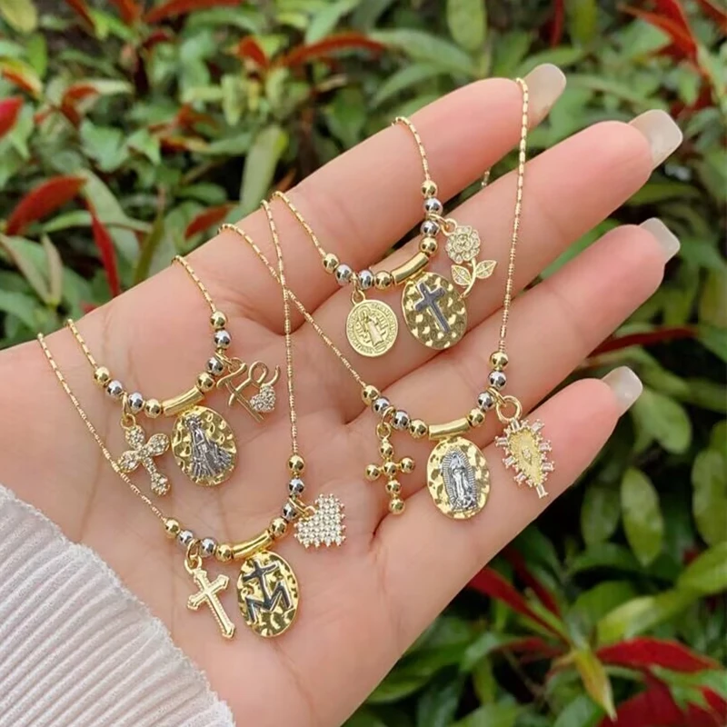 5 قطع جديد وصول العصرية 18 كيلو مطلية بالذهب المجوهرات الدينية الصليب سانت جود مريم العذراء قلادة قلادة للنساء والرجال