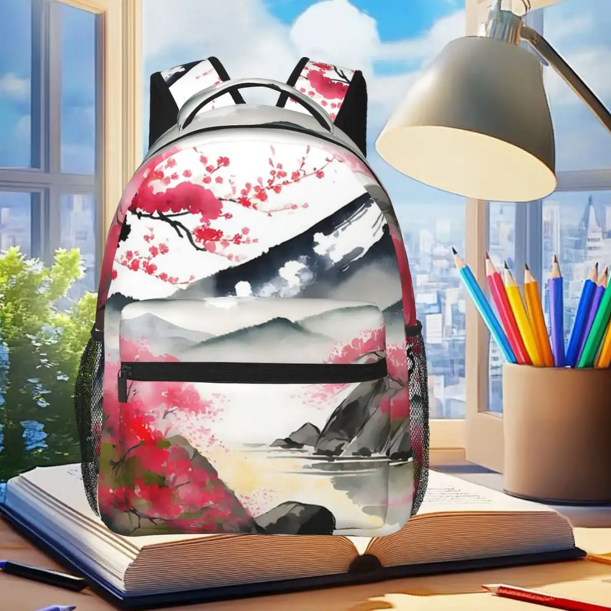 

Mountain Ink Art And Plum Blossom Backpack Student Boys Girls BookBag Children School Bag Laptop Shoulder Bags for Men Women