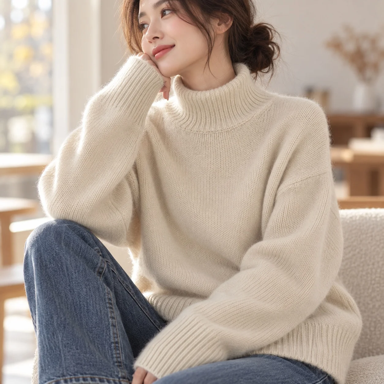 Ribbed Pullover Sweater Straight Fit Commuter Chic with Medium Weight Autumn Single Intellectual High Neck Elegant Women Sweater