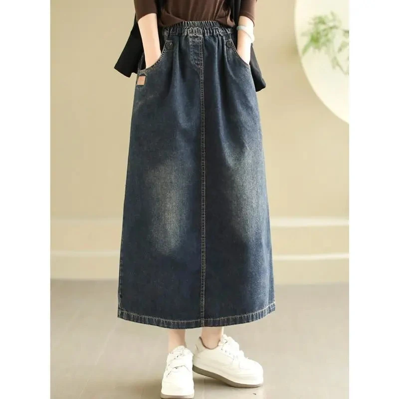 

2024 New Spring Autumn Retro Wash Denim Skirt,For Women Clothing,Causal Spliced Cowboy Skirts, Elastic High Waist Jeans Skirt