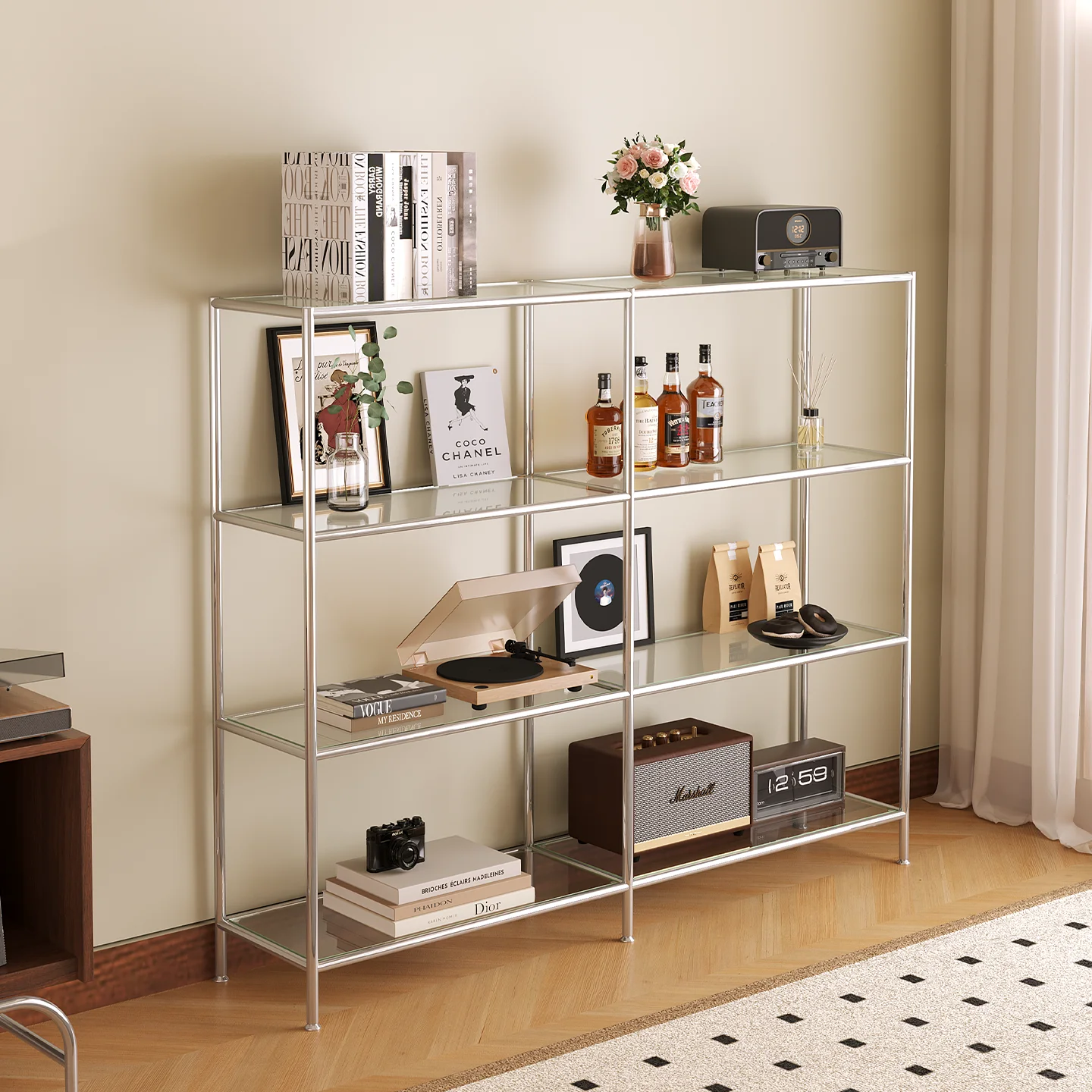 

Shelf Medieval stainless steel multi-layer storage rack Light high-end glass bookshelf Shoe bag display rack