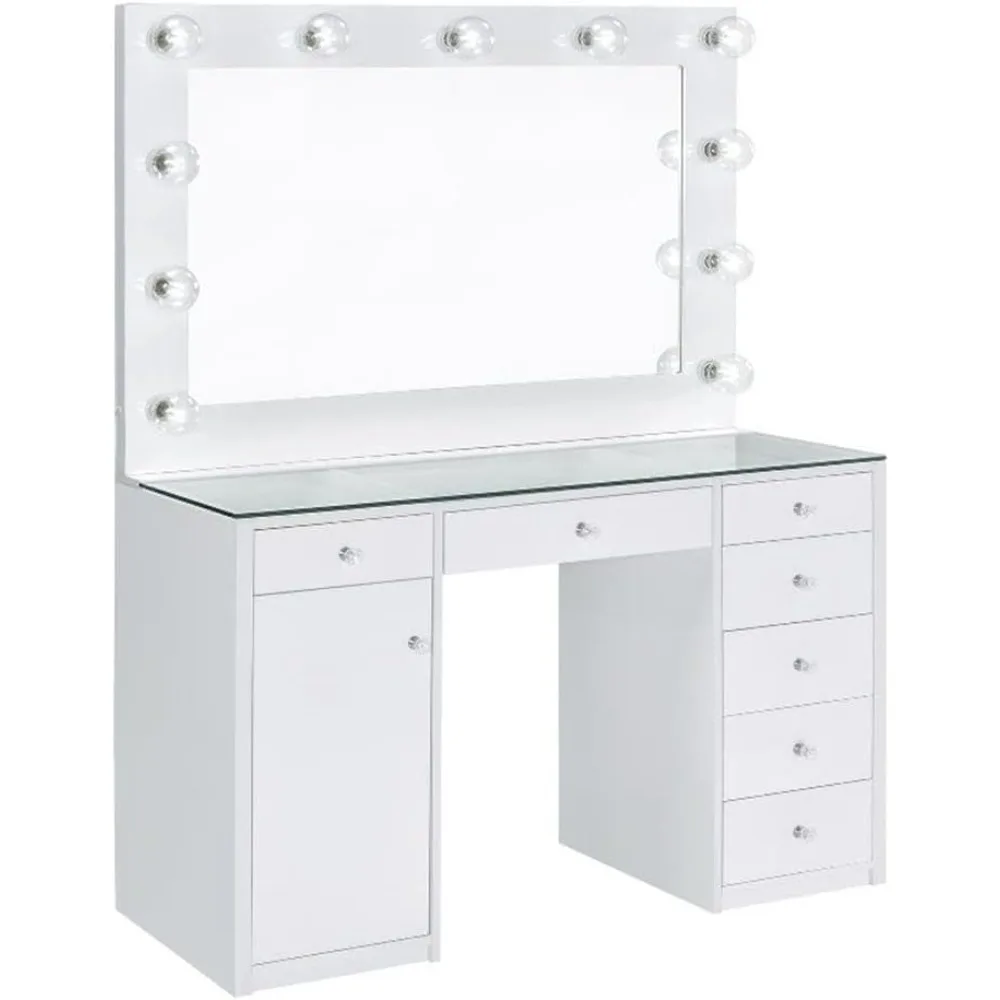 

Modern Wood & Glass Vanity Desk with Clear Tempered Glass Top, 7 Spacious Drawers with Crystal-Like Acryl