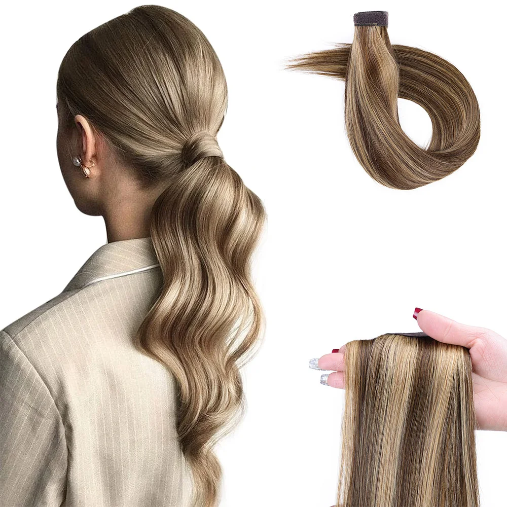 Ponytail Extension Human Hair Magic Paste Invisible Ponytail Hair Extensions 14-22Inch #4/27 Dark Brown Highlight Caramel Blonde