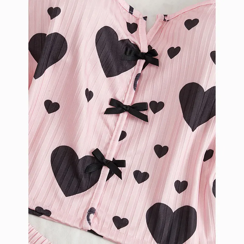 New Pink Strappy Pajama Set With Bow-Accented Heart-Print Tank Top And Shorts Summer Pajamas For Woman Homewear Sexy Casual Wear view 4