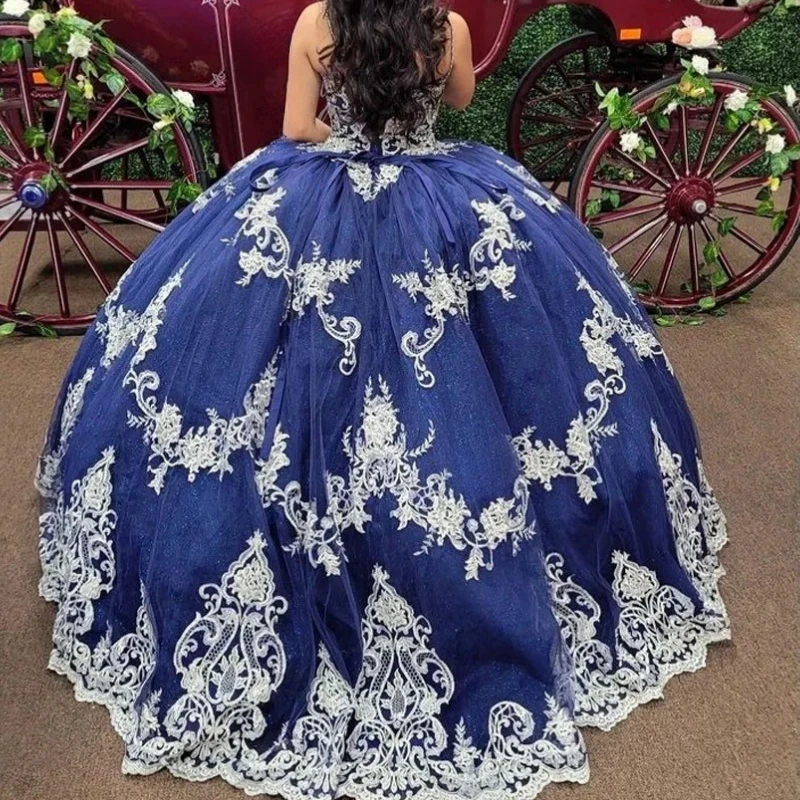 فستان الأميرة Quinceanera للفتيات ، السعودية العربية ، الأزرق الداكن ، رقبة 16 فولت ، مزين بالدانتيل ، ثوب حفلة عيد ميلاد 15 Quinceanera ،