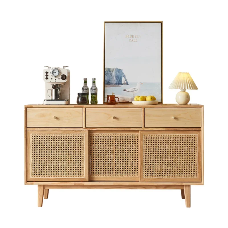 

Nordic solid wood, side cabinet, modern and simple for home use, log-colored rattan, with drawers