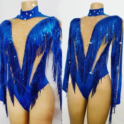 Flashing Blue Fringed Rhinestones Bodysuit Women Stretch Gogo Dancer Costumes Bar Nightclub Dj Ds Party Rave Outfits XS7744