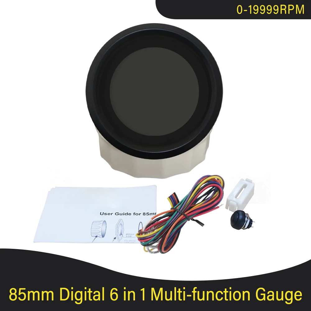 Universal 85mm Digital 6 in 1 Tachometer 0-19999RPM Hours Fuel Level Water Temp Oil Pressure Volt for Car Truck Motorbike 9-32V
