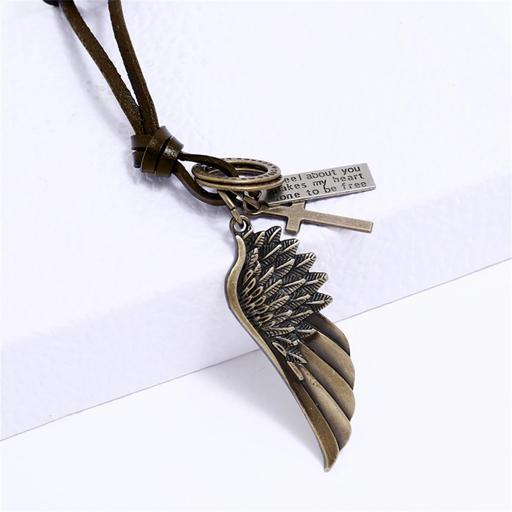 Vintage Angel Wings Necklace Cross Pendants Brown Leather Cord Neck Chain for Women Men Fashion Punk Jewelry