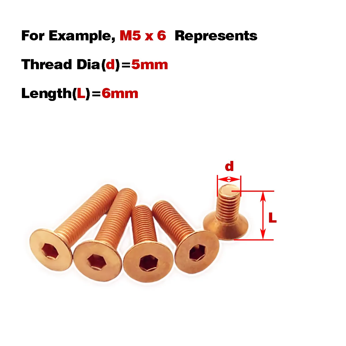 Red Copper Countersunk Head Hexagonal Screw / Bolt M3M4M5M6M8