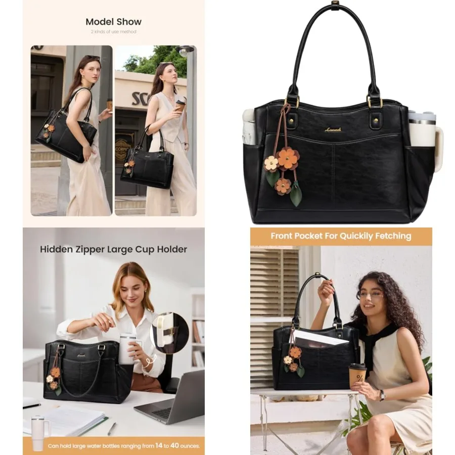 

LOVEVOOK Laptop Bag for Women, Origal Vtage Work Tote Bag Computer Office Teacher Bag with Flower Pendant