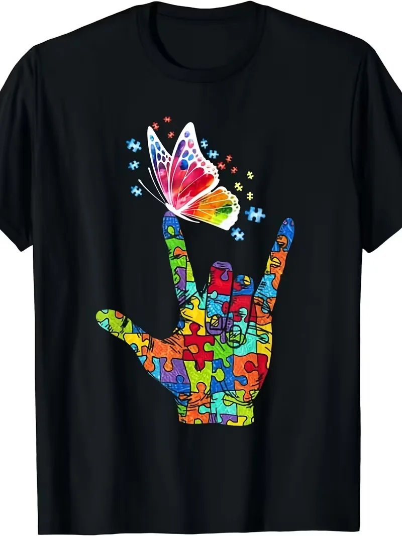 Autism Awareness T Shirt Women I Love You Hand Sign Graphic Tees Puzzle Piece Butterfly Printed Tops Short Sleeve Loose Y2K