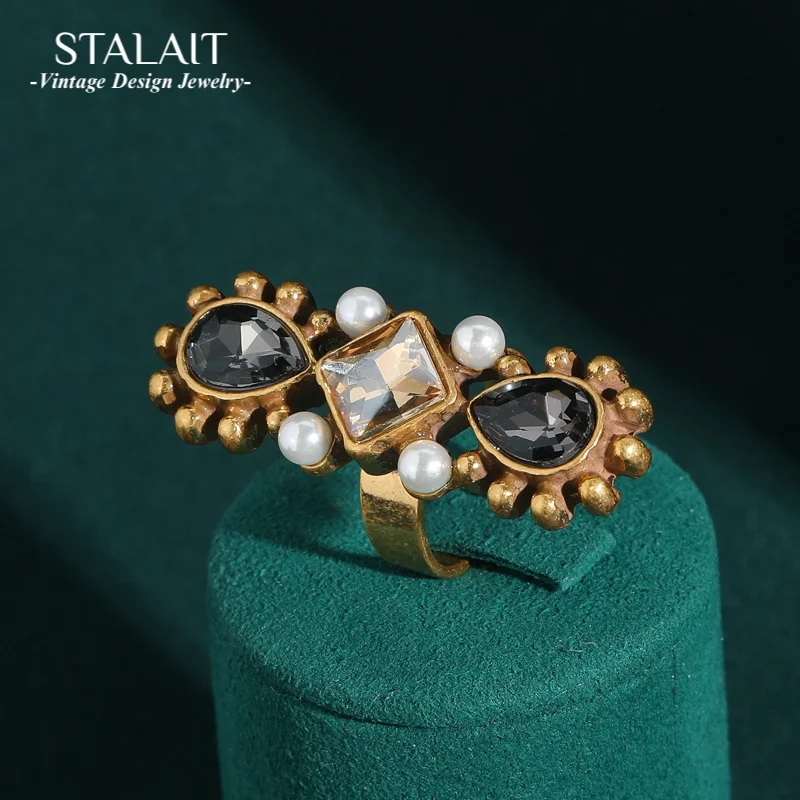 

Vintage Gray Crystal Pearl Rings For Woman Jewelry Antique Gold Color Natural Stone Infinite Designer Luxury Accessories 2025