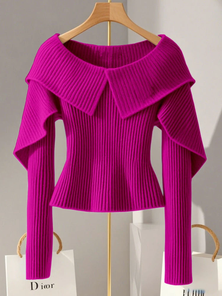 2025 Otoño Invierno suéter de poliéster mujeres cuello alto fuera del hombro suéter perezoso suelto Jersey de punto camisa de fondo personalización