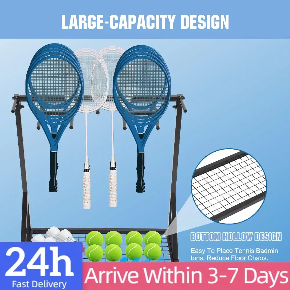 

Tennis Racket Storage Rack with Wheels Portable Sports Organizer Cart Holds 26 Racquets for Garage Gym Schools Retail Use