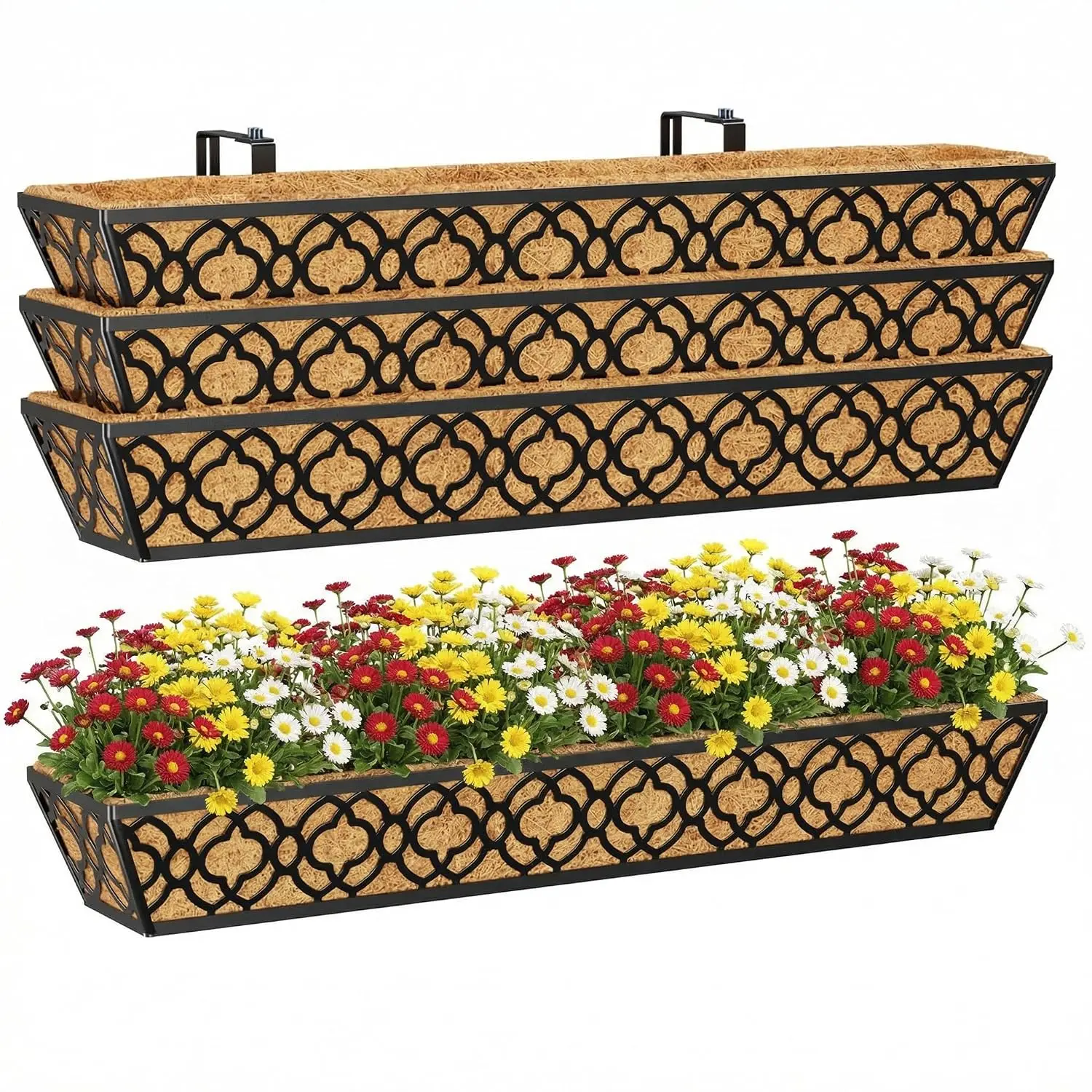 36'' Deck Railing Planter Set with Coco Coir Liner, Large 4 Pcs Metal Deck Railing Planter Window Boxes for Outdoor, Customized