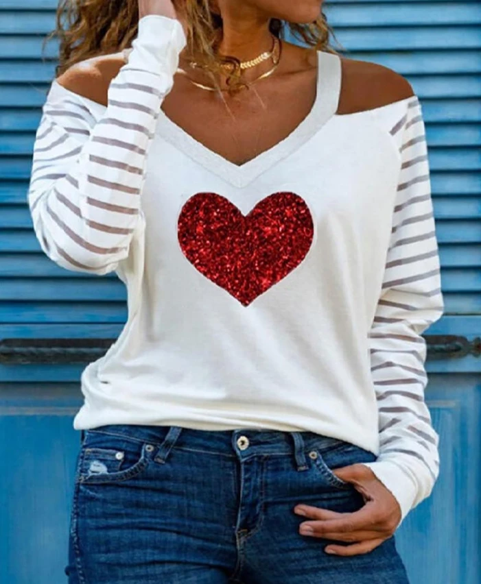 

Women's Casual Striped Heart Print Cold Shoulder Mesh Long Sleeve Top New Spring & Summer Women Clothing Fashion T-Shirt