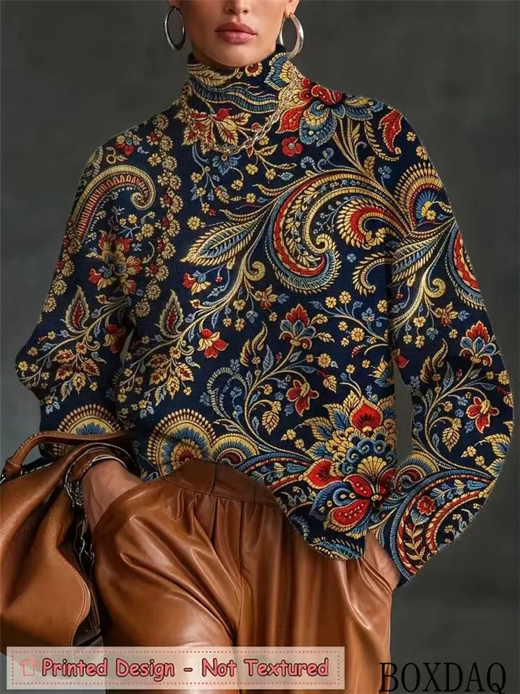 Autumn Women High Neck Pullover Long Sleeve Blouse Casual Retro 3D Paisley Flower Pattern Shirt Boho Ethnic Ladies Fashion Tops
