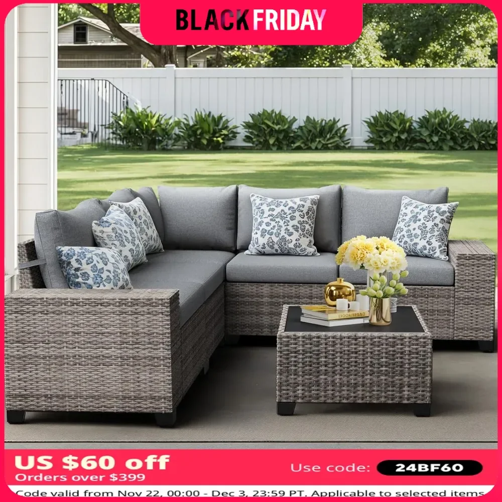 Patio Furniture Set with Coffee Table - Flexible 6 Piece Wicker Outdoor Sofa Configuration, Enhanced Comfort