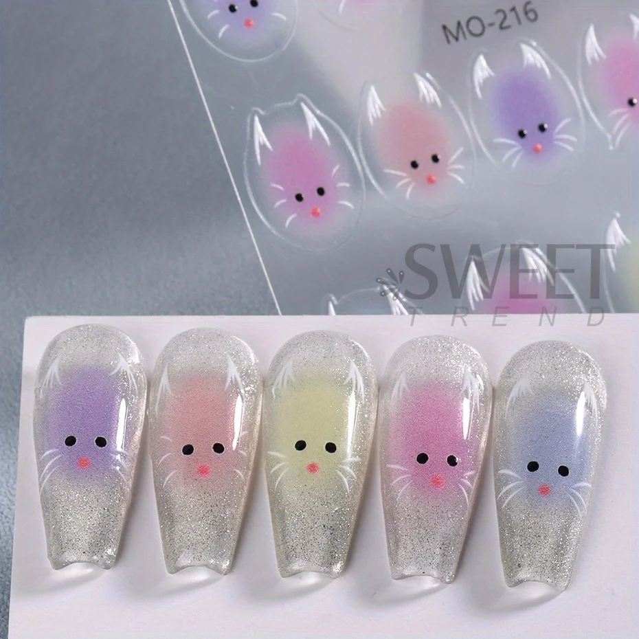 ぬいぐるみ猫ネイルアートステッカーカラフルな白動物デザインかわいい漫画粘着スライダー和風 DIY チャームマニキュア箔